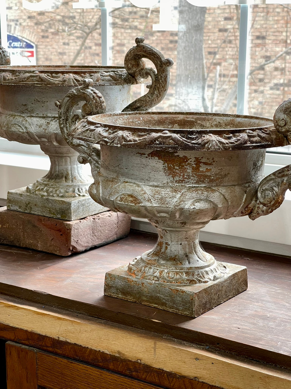 Antique French Garden Urns with Decorative Handles