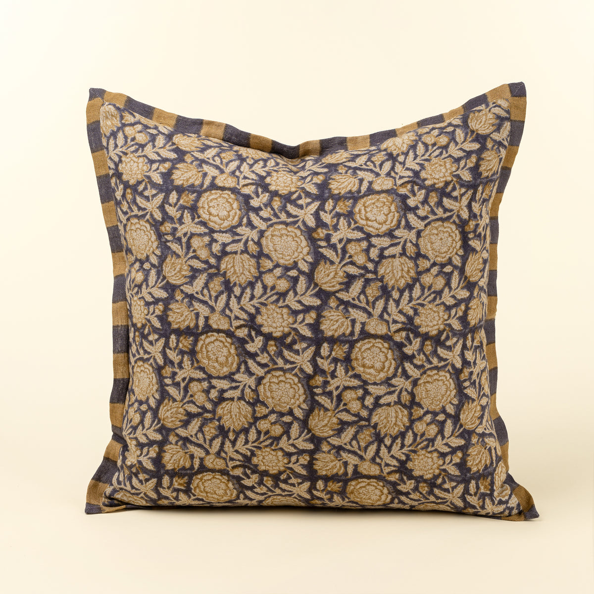 Floral & Stripe Block Print Linen Pillow